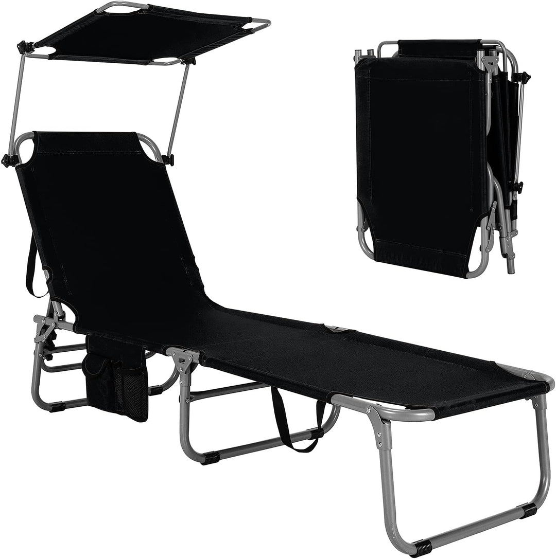 GYMAX Beach Chair with Canopy Shade, Folding Tanning Lounge with Adjustable Backrest