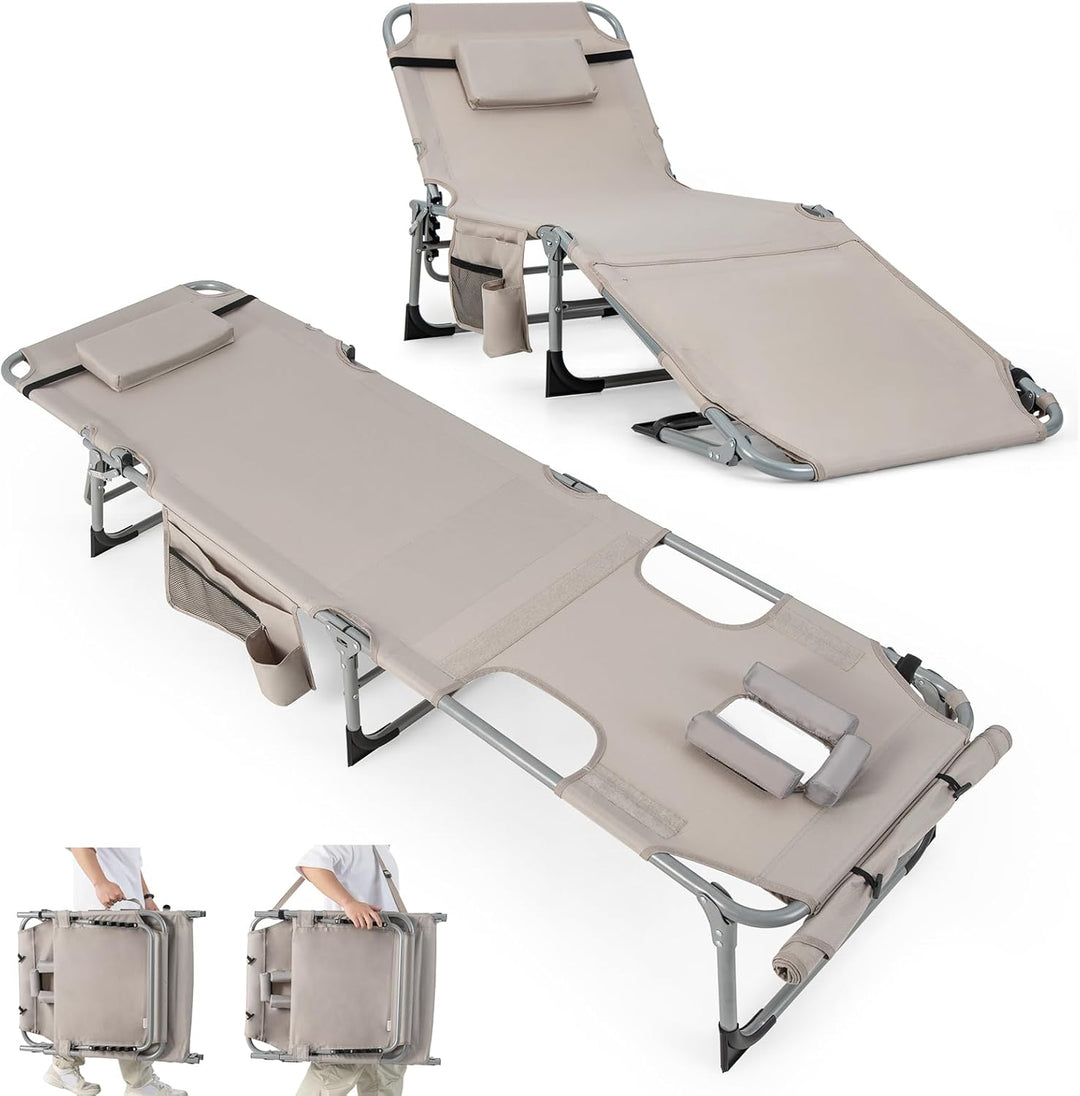 GYMAX Tanning Chair, 400LBS Beach Lounge Chair with Face Arm Hole & Hand Shoulder Strap