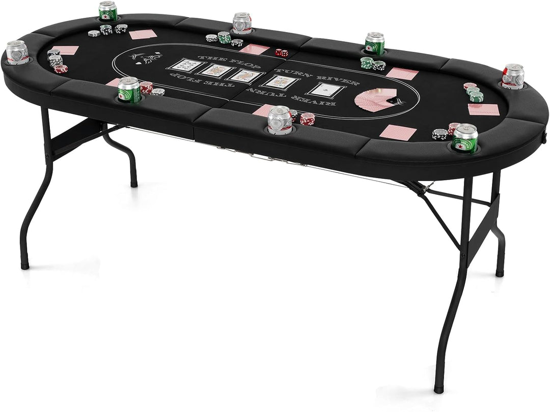 GYMAX Poker Table Foldable 8-Player Texas Holdem with Metal Cup Holders