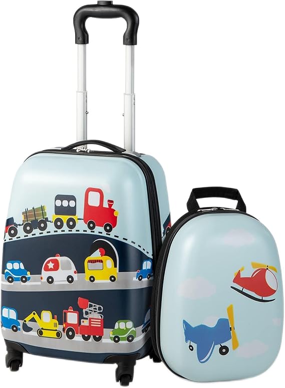 GYMAX Kids Carry On Luggage Set, 12" & 16" 2PCS Rolling Suitcase