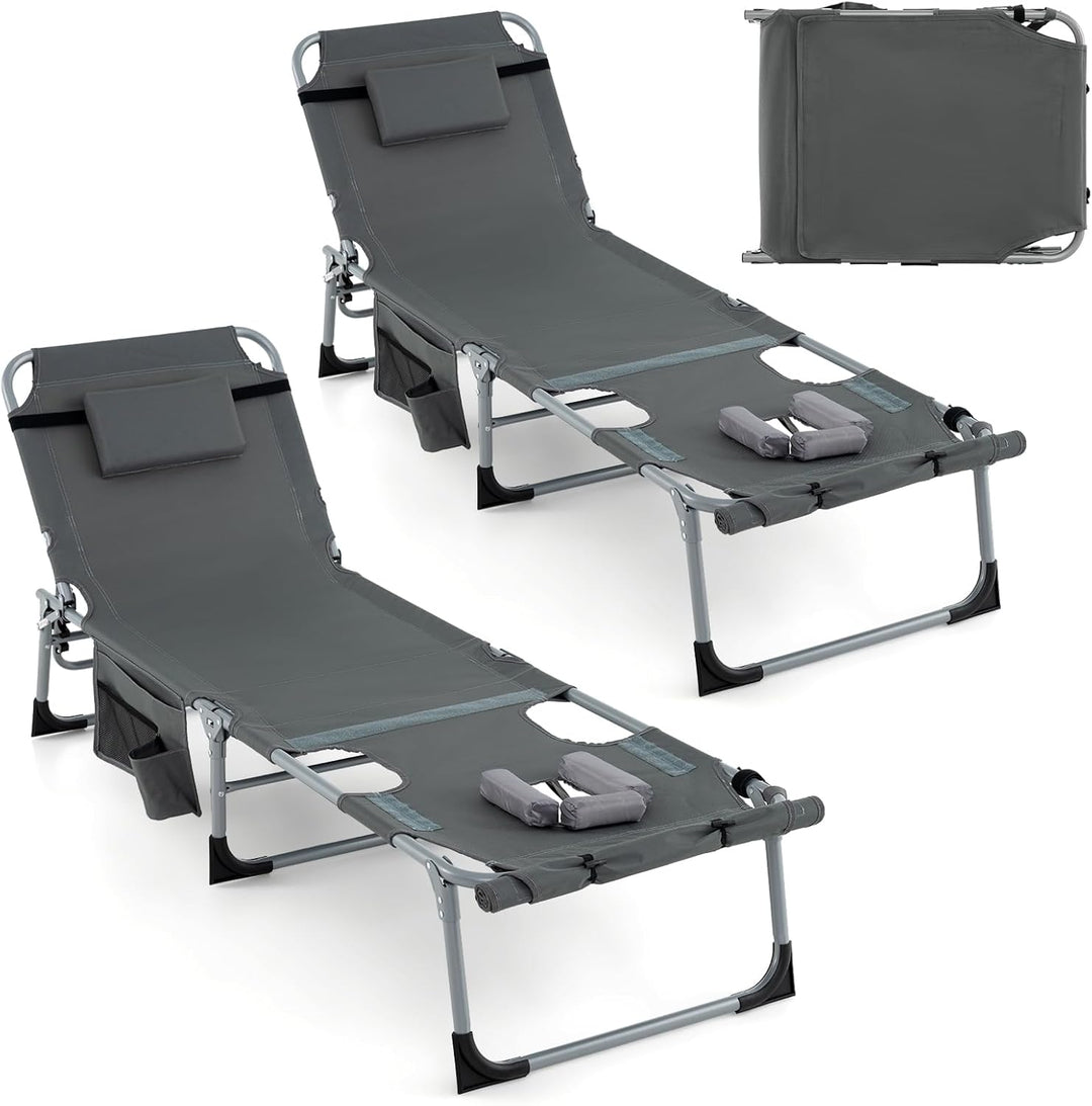 GYMAX Tanning Chair, 400LBS Beach Lounge Chair with Face Arm Hole & Hand Shoulder Strap