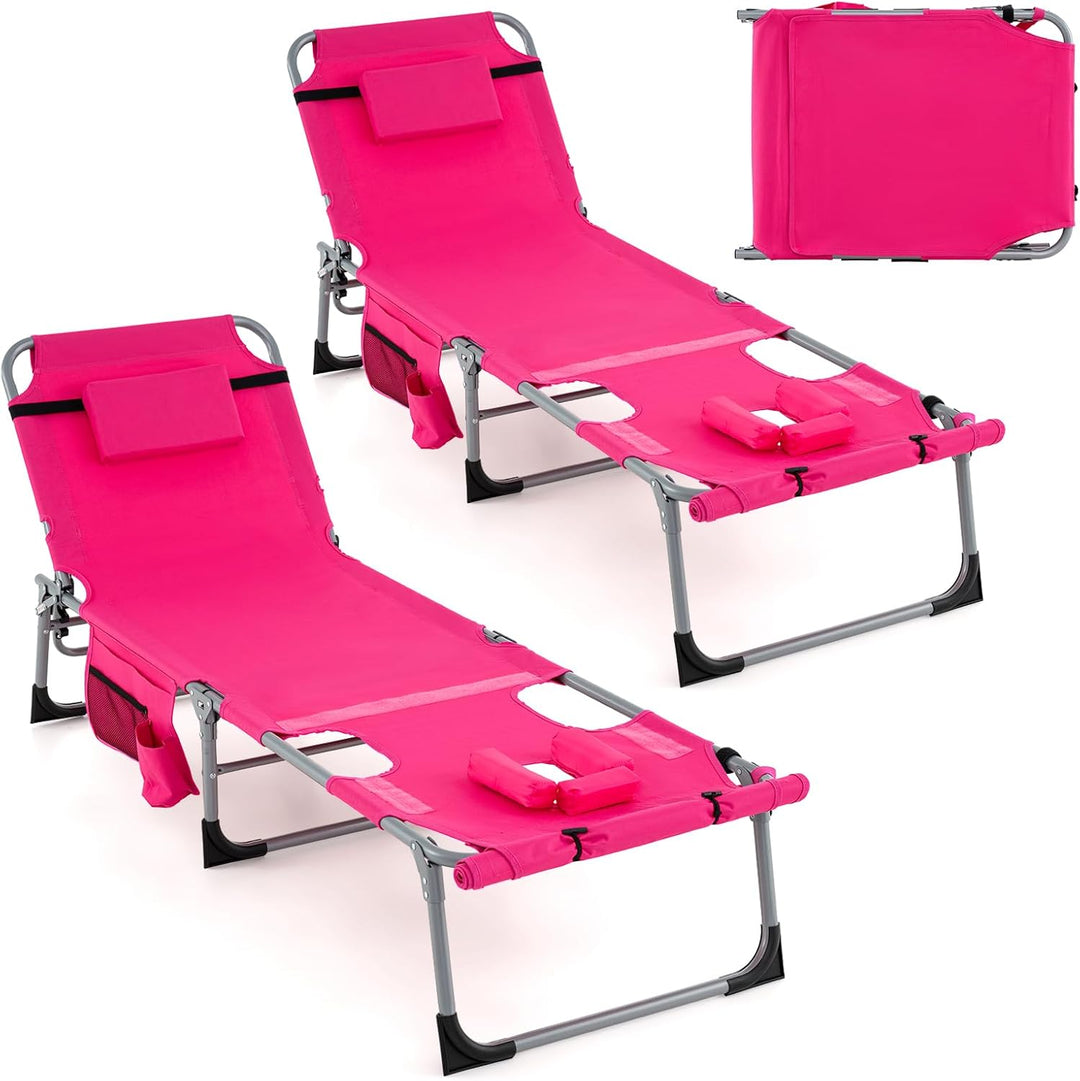 GYMAX Tanning Chair, 400LBS Beach Lounge Chair with Face Arm Hole & Hand Shoulder Strap