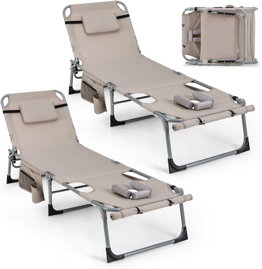 GYMAX Tanning Chair, 400LBS Beach Lounge Chair with Face Arm Hole & Hand Shoulder Strap
