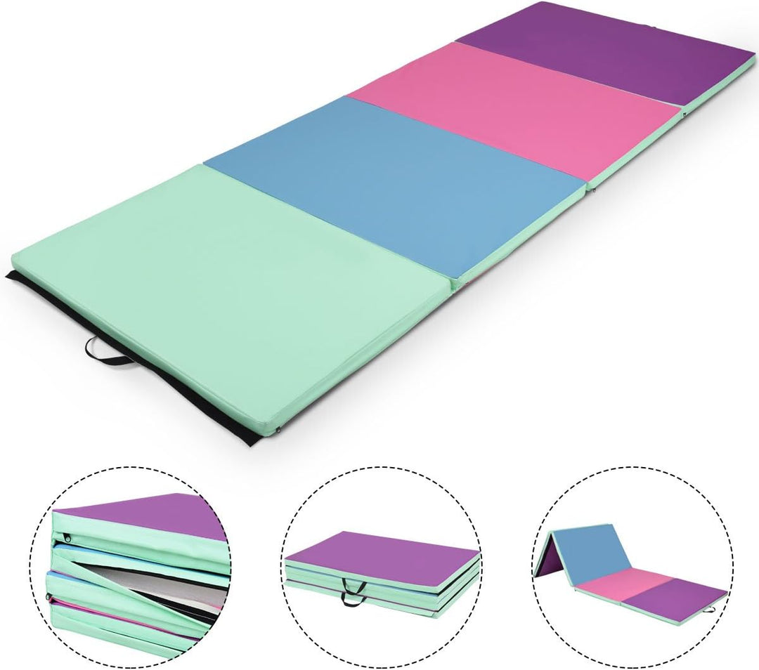 GYMAX Gymnastics Mat, 4 FT x 10 FT x 2 Inches Folding Exercise Mat w/Carrying Handles