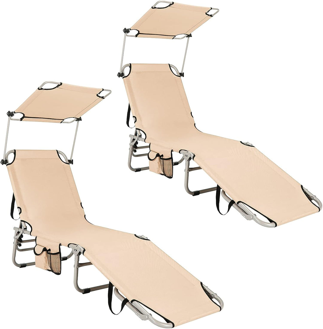 GYMAX Beach Chair with Canopy Shade, Folding Tanning Lounge with Adjustable Backrest