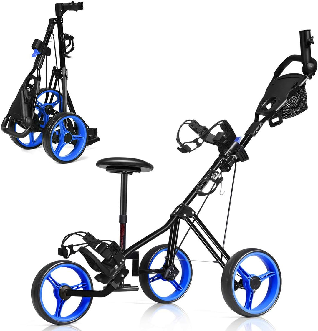 GYMAX Golf Cart, Foldable 3 Wheel Golf Push Cart with Detachable Seat, Umbrella Holder & Scoreboard