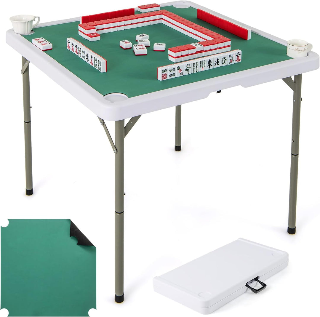 GYMAX Mahjong Table Foldable with Mahjong Mat, 4-Player Square Domino Table w/Cup Holders & Carrying Handle