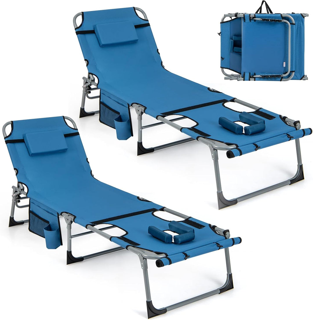 GYMAX Tanning Chair, 400LBS Beach Lounge Chair with Face Arm Hole & Hand Shoulder Strap
