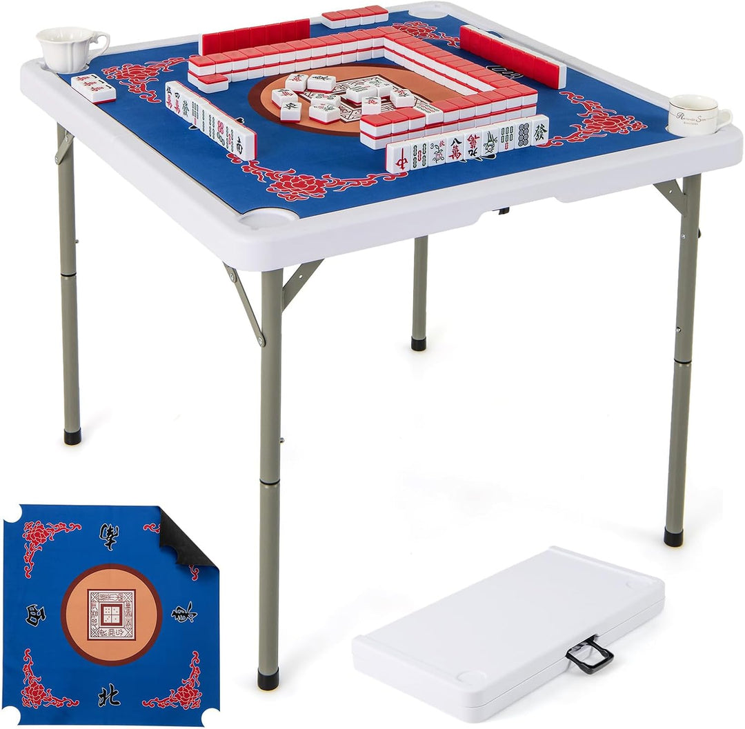 GYMAX Mahjong Table Foldable with Mahjong Mat, 4-Player Square Domino Table w/Cup Holders & Carrying Handle