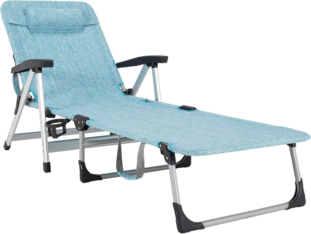 GYMAX Lounge Chair Outdoor, Chaise Lounger w/Adjustable Backrest, Cup Holder & Carry Handle, Folding Portable Tanning Layout Chair