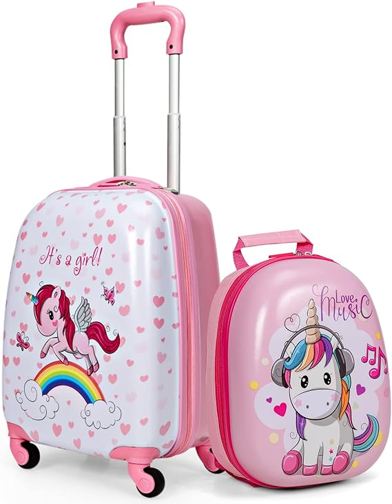 GYMAX Kids Carry On Luggage Set, 12" & 16" 2PCS Rolling Suitcase