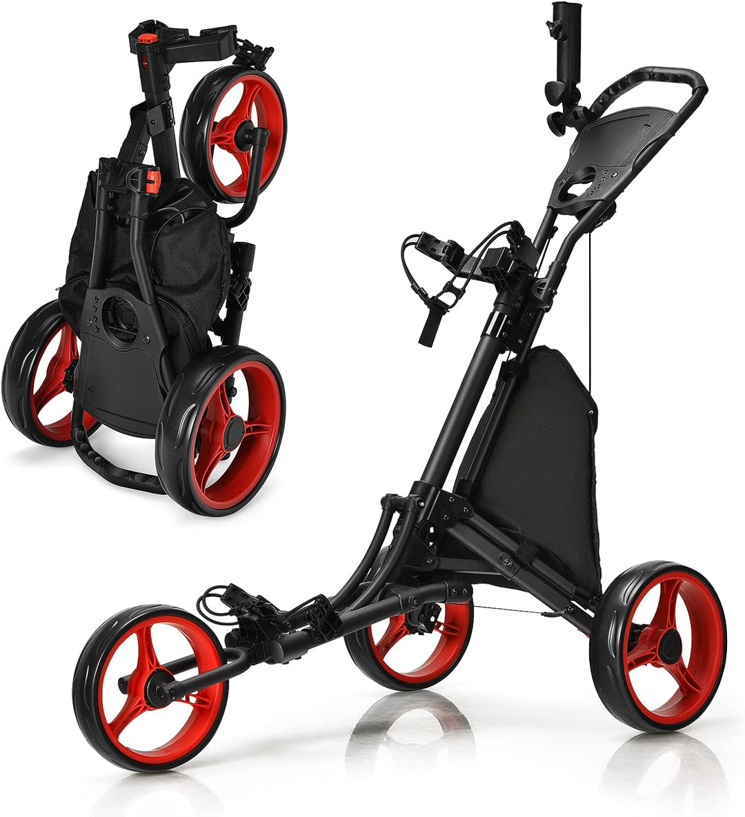 GYMAX Golf Push Cart 3 Wheels Aluminum Folding Height Adjustable Golf Push Trolley