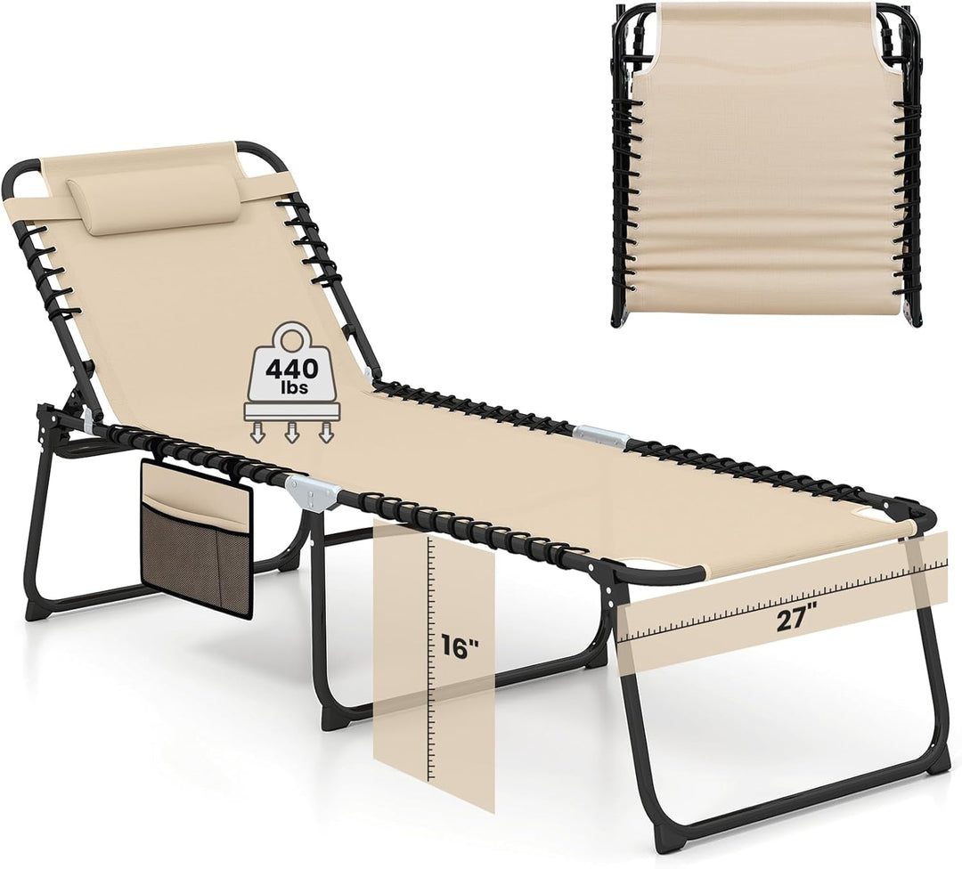 GYMAX Lounge Chair for Outside, 440lbs 27” Oversize Folding Beach Tanning Sunbath Chair with Adjustable Backrest & Removable Pillow