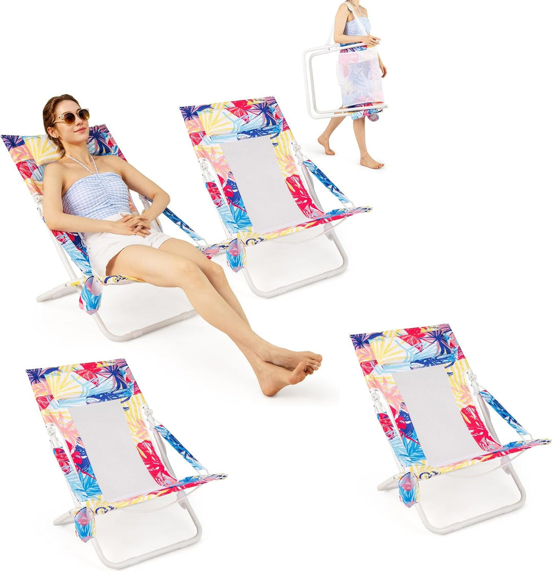GYMAX Folding Low Beach Chair Set of 2/4 Patio Sling Chairs with Padded Head Pillow