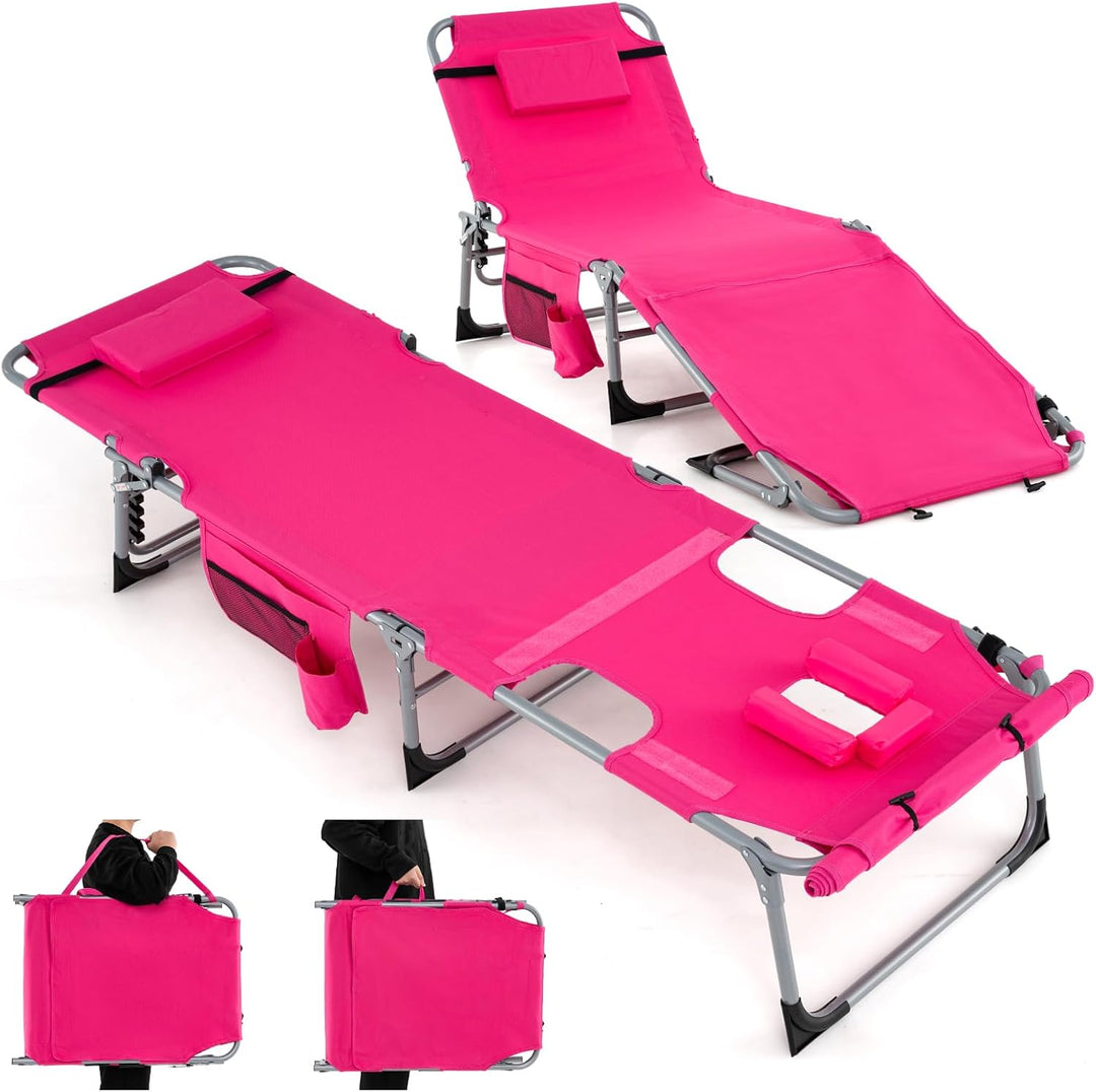 GYMAX Tanning Chair, 400LBS Beach Lounge Chair with Face Arm Hole & Hand Shoulder Strap