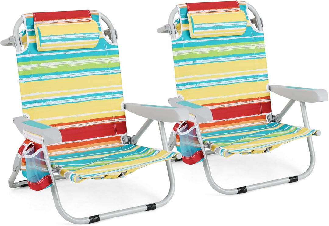 GYMAX Beach Chair, 330lbs Backpack Lounger with 5-Position Backrest, Storage Bag, Side Pocket