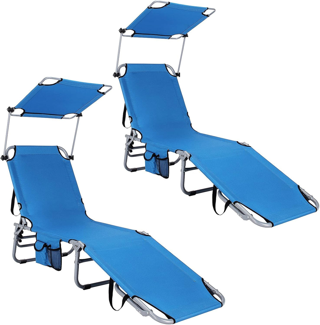 GYMAX Beach Chair with Canopy Shade, Folding Tanning Lounge with Adjustable Backrest