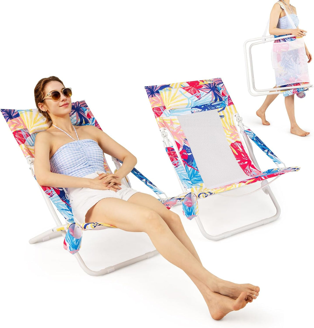 GYMAX Folding Low Beach Chair Set of 2/4 Patio Sling Chairs with Padded Head Pillow