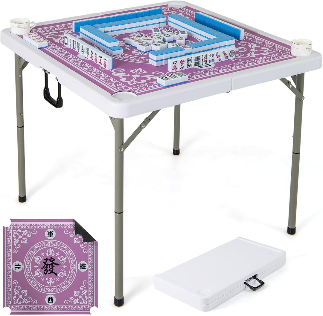 GYMAX Mahjong Table Foldable with Mahjong Mat, 4-Player Square Domino Table w/Cup Holders & Carrying Handle