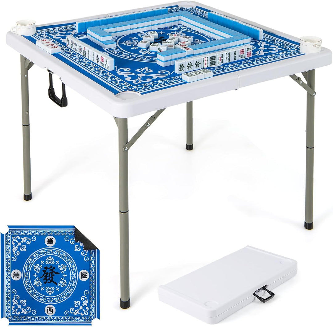 GYMAX Mahjong Table Foldable with Mahjong Mat, 4-Player Square Domino Table w/Cup Holders & Carrying Handle