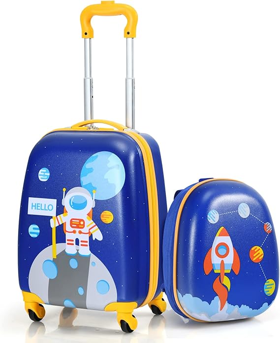 GYMAX Kids Carry On Luggage Set, 12" & 16" 2PCS Rolling Suitcase