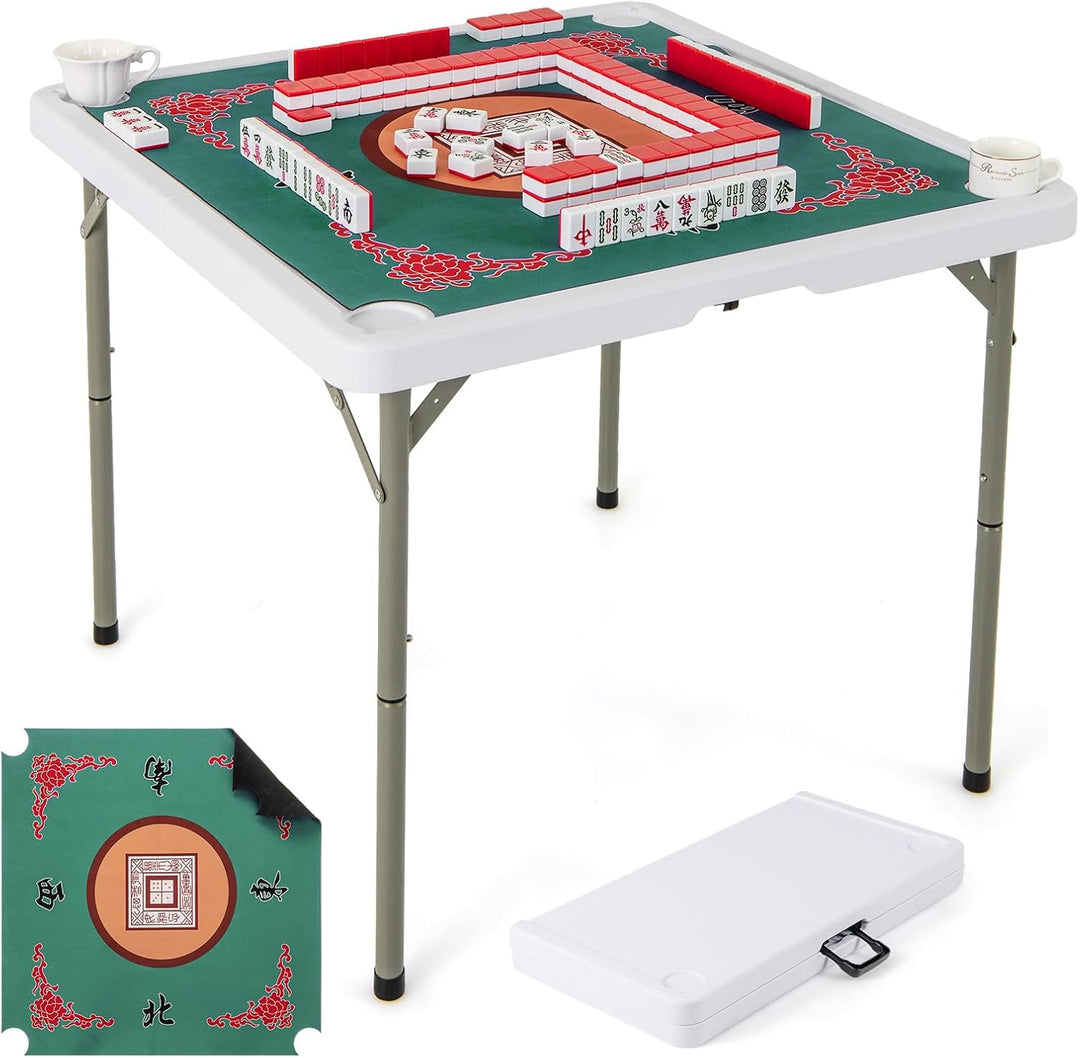 GYMAX Mahjong Table Foldable with Mahjong Mat, 4-Player Square Domino Table w/Cup Holders & Carrying Handle