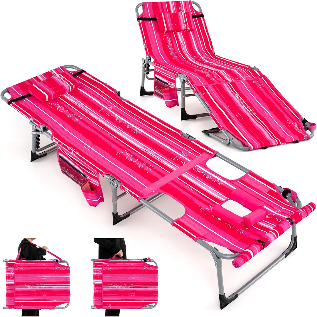 GYMAX Tanning Chair, 400LBS Beach Lounge Chair with Face Arm Hole & Hand Shoulder Strap