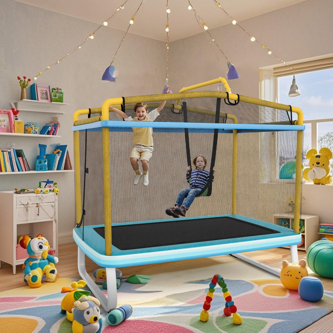 GYMAX Trampoline for Kids, ASTM 75 inch 3 in 1 Rectangle Trampoline for Toddlers Indoor/Outdoor