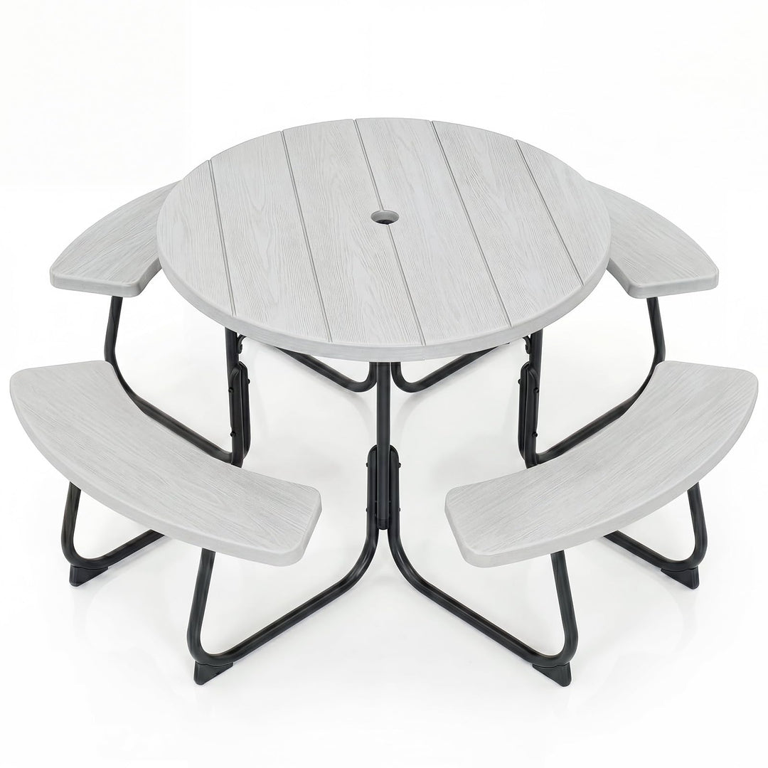 GYMAX Picnic Table Bench with Umbrella Hole 8 Person Round Outdoor Picnic Table