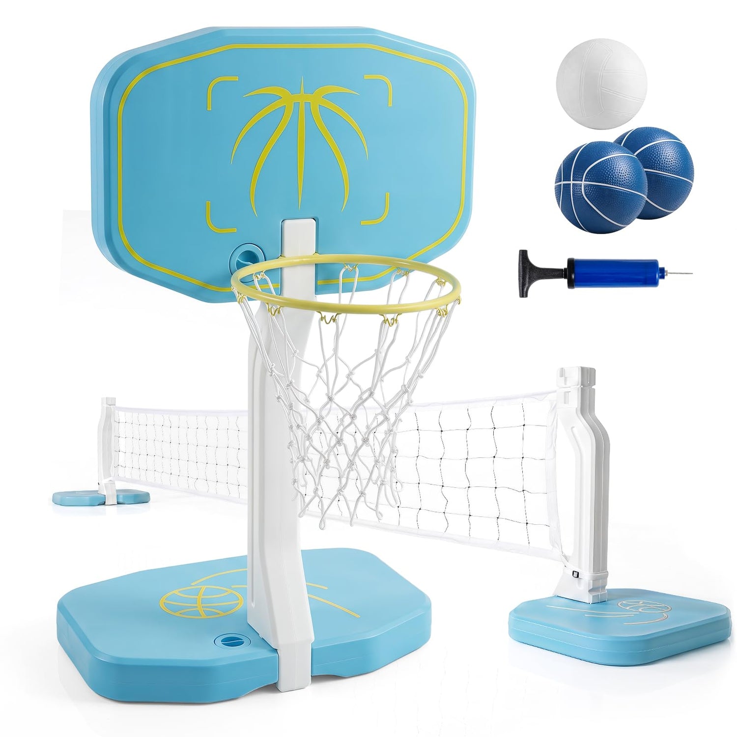 GYMAX Pool Basketball Hoop & Pool Volleyball Net 2-in-1 Pool Volleyball Combo Set
