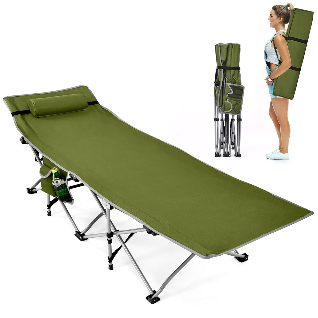GYMAX Camping Cot, Folding Portable Lightweight Sleeping Cot with Pillow, 2 Side Pockets & Carrying Bag