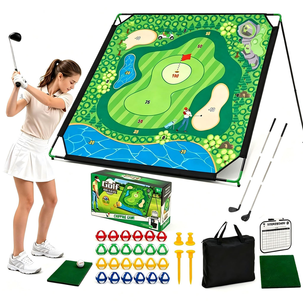 GYMAX Golf Chipping Game Set 6x6 ft Golf Target Mat