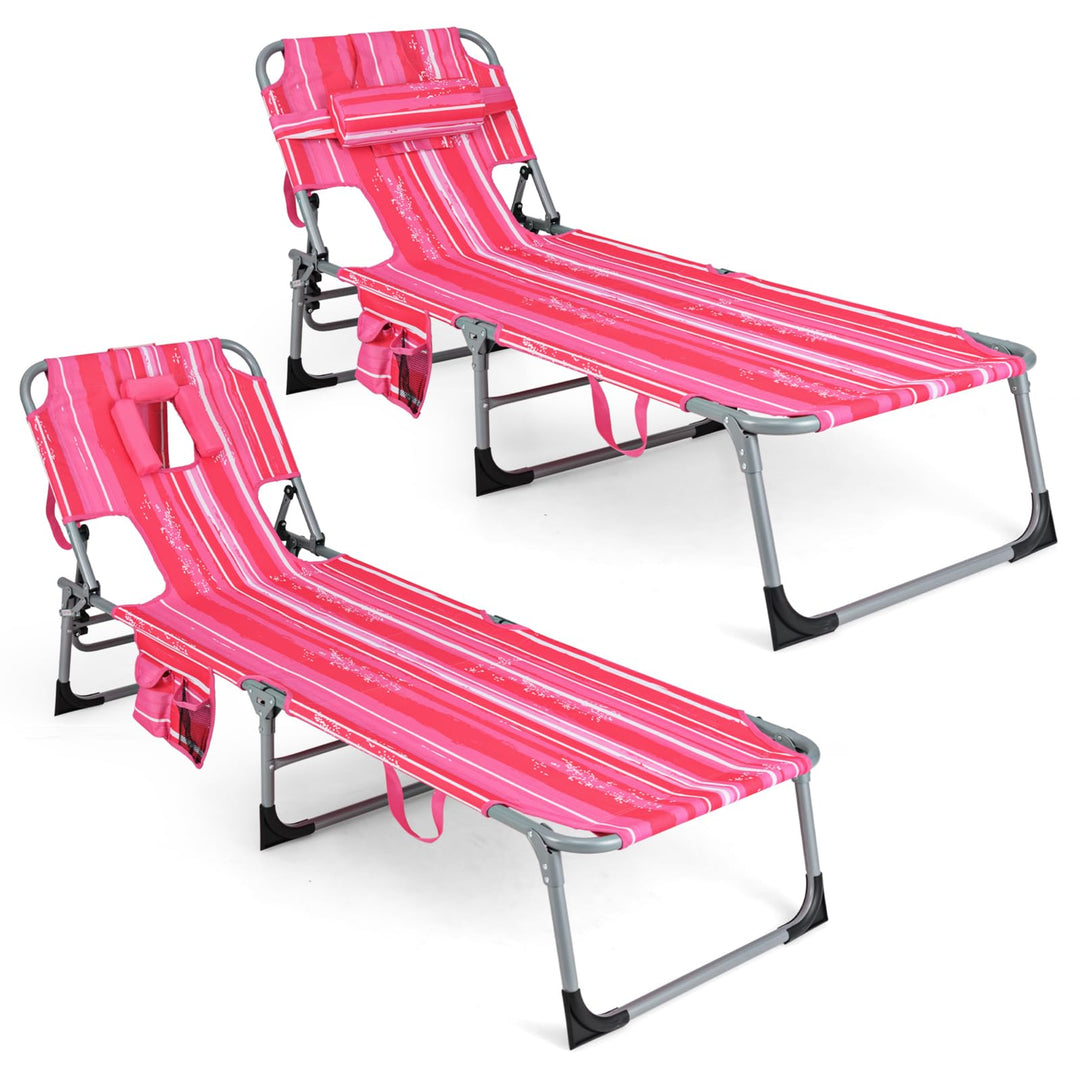GYMAX Tanning Chair, Folding Beach Lounger with Face Arm Hole, Adjustable Backrest, Side Pocket & Carry Handle