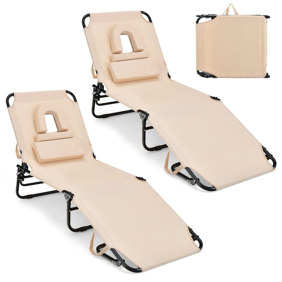GYMAX Tanning Chair, 350lbs Beach Lounge Chair with Face Hole, Washable Pillow & Carry Strap