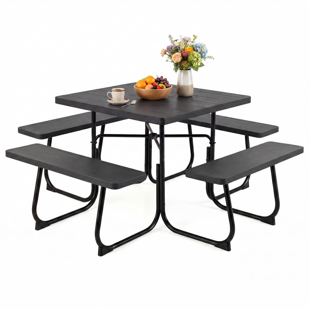GYMAX Picnic Table Bench with Umbrella Hole 8 Person Square Outdoor Picnic Table