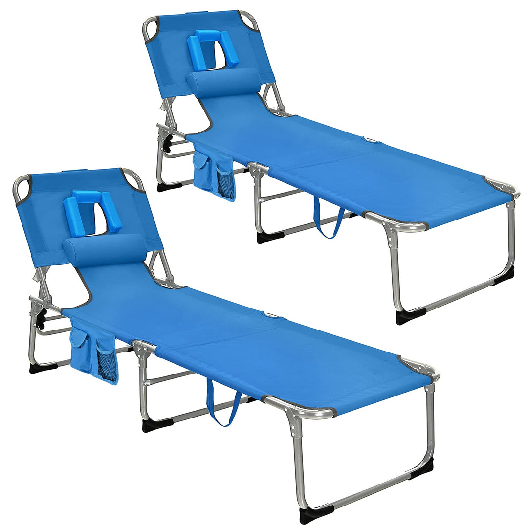 GYMAX Tanning Chair, Folding Beach Lounger with Face Arm Hole, Adjustable Backrest, Side Pocket & Carry Handle