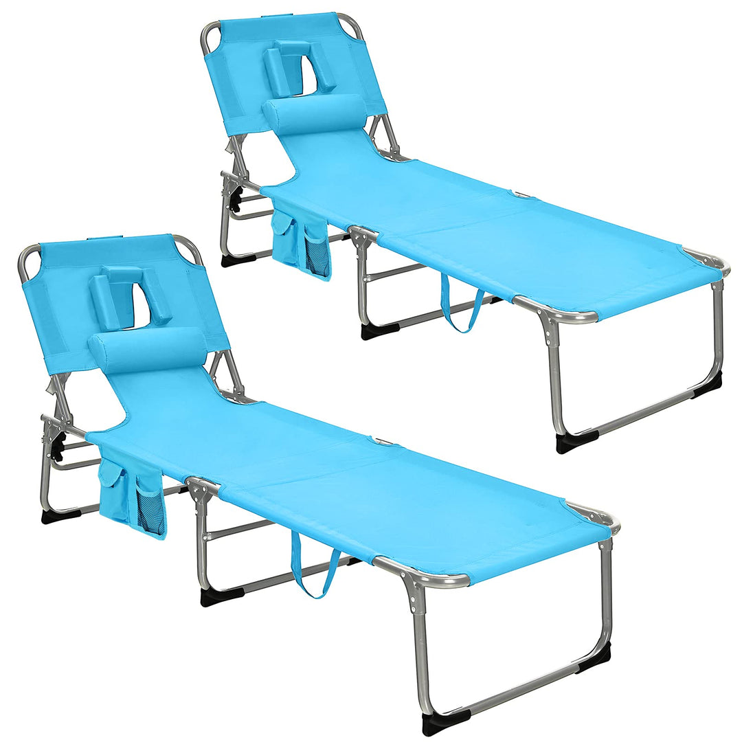 GYMAX Tanning Chair, Folding Beach Lounger with Face Arm Hole, Adjustable Backrest, Side Pocket & Carry Handle