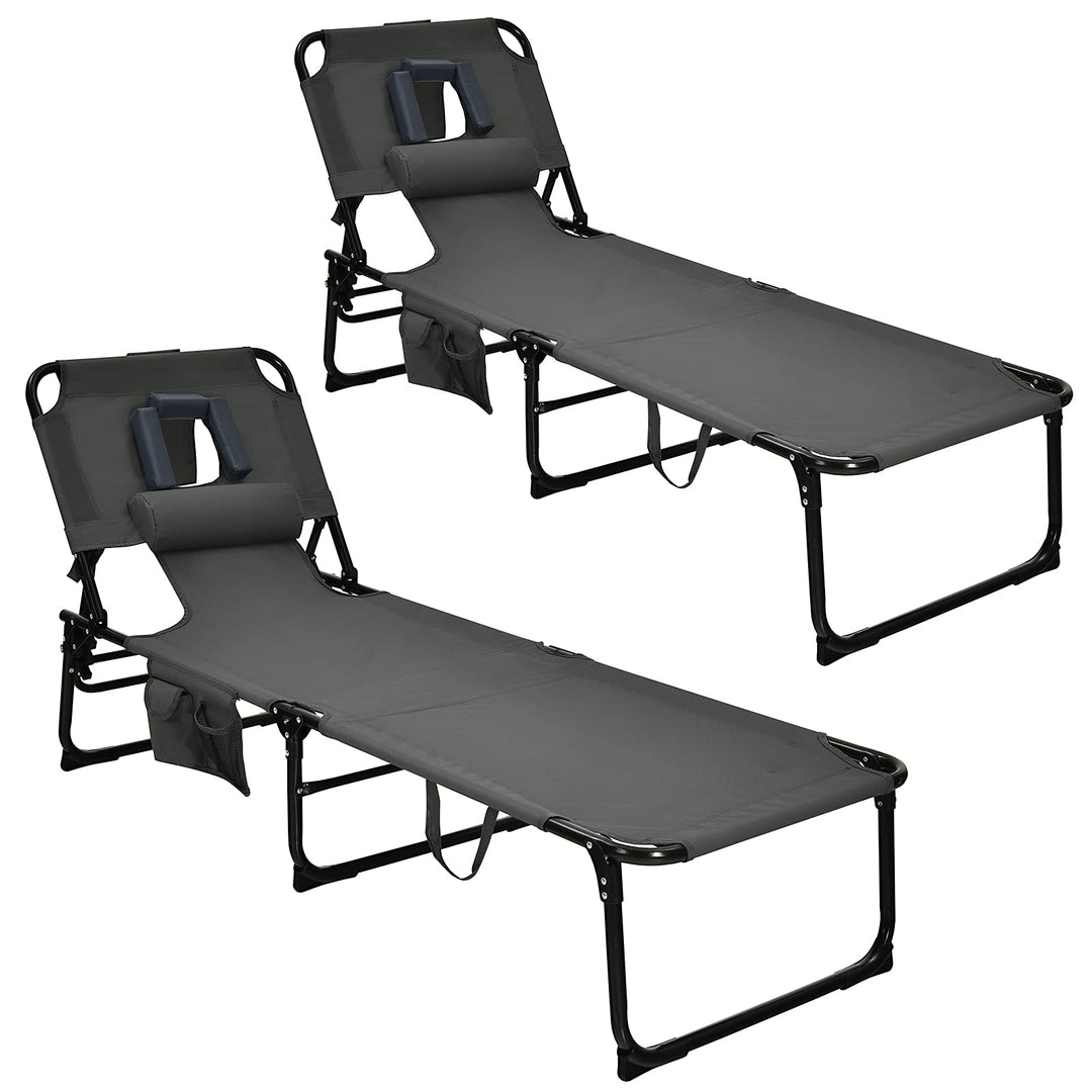 GYMAX Tanning Chair, Folding Beach Lounger with Face Arm Hole, Adjustable Backrest, Side Pocket & Carry Handle