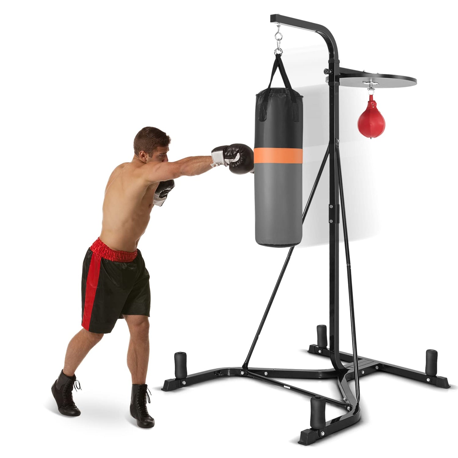 GYMAX Punching Bag with Stand Adult, Freestanding Boxing Machine with Height Adjustable Speed Ball & Sandbag, Pre Filled Heavy Punching Bag for Adults