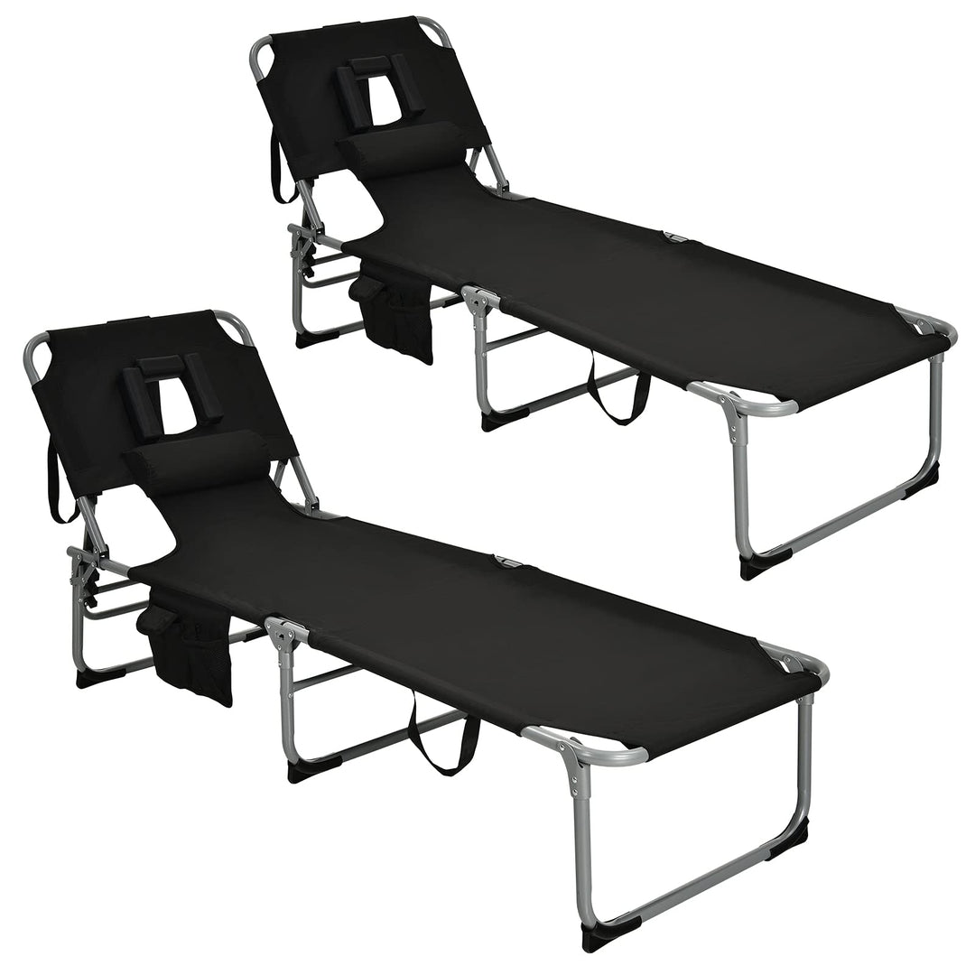 GYMAX Tanning Chair, Folding Beach Lounger with Face Arm Hole, Adjustable Backrest, Side Pocket & Carry Handle