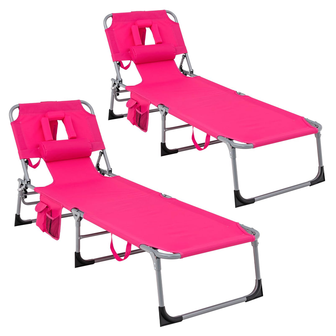 GYMAX Tanning Chair, Folding Beach Lounger with Face Arm Hole, Adjustable Backrest, Side Pocket & Carry Handle