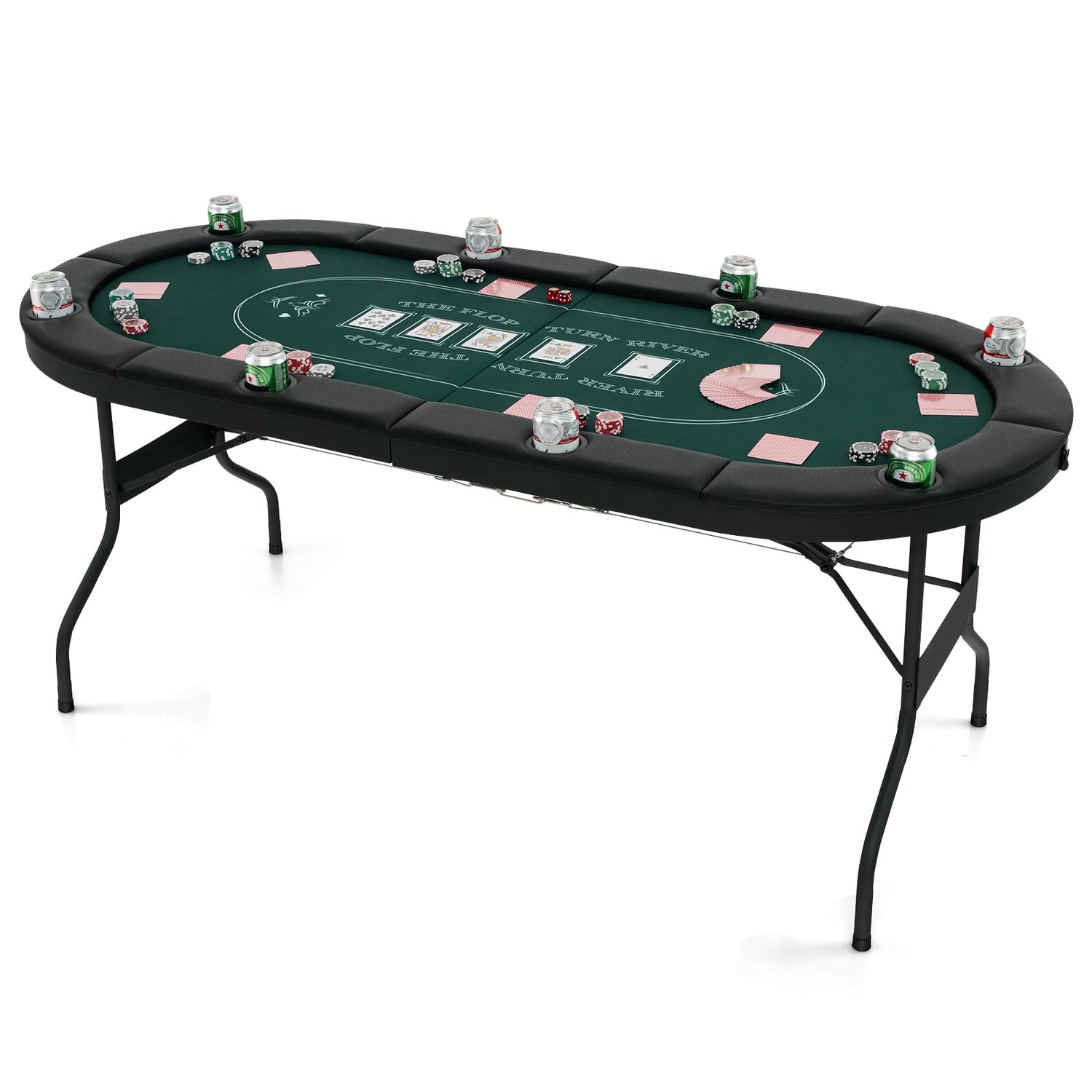 GYMAX Poker Table Foldable, 8-Player Texas Holdem Poker Table with Metal Cup Holders, Casino Grade Felt & Padded Rails