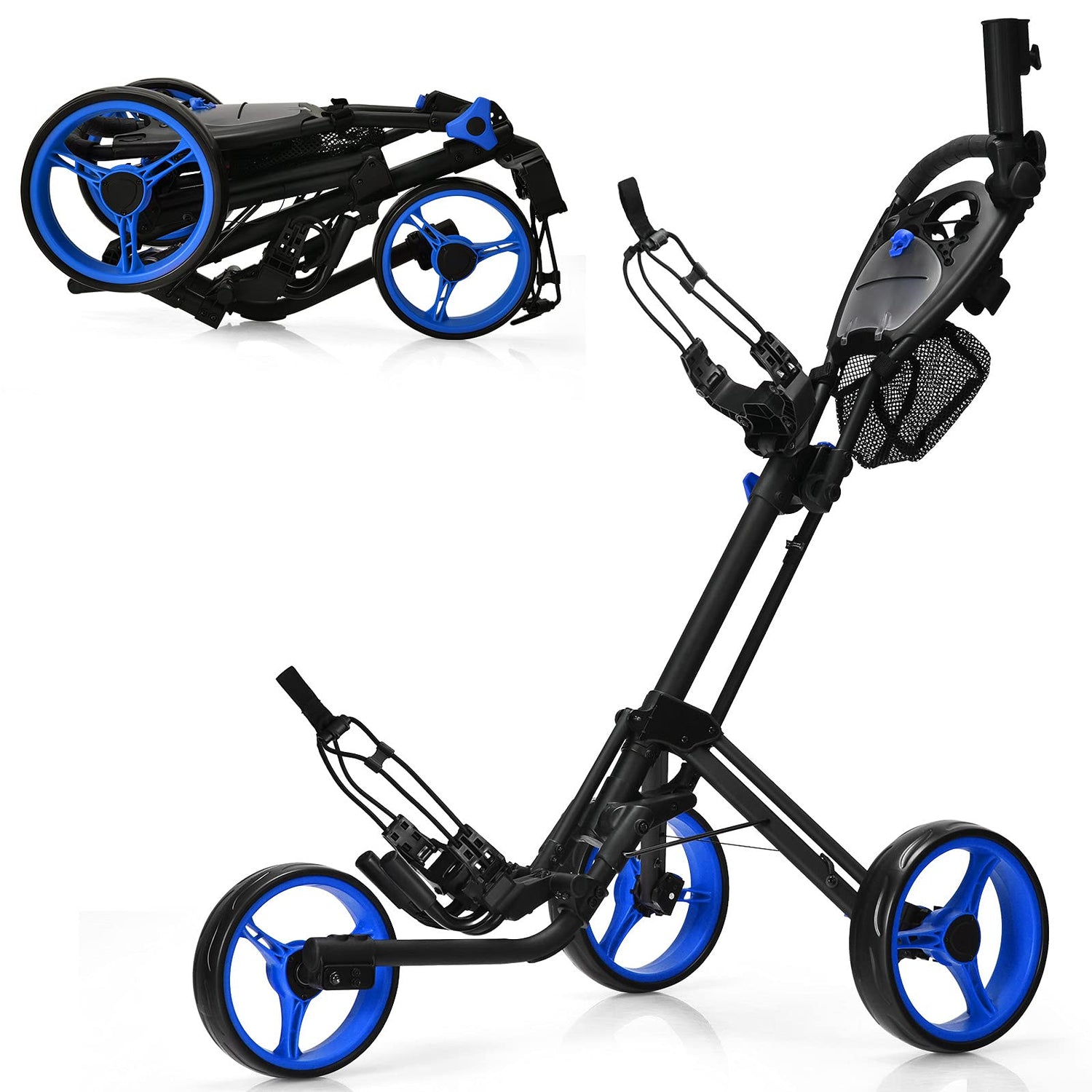 GYMAX Folding Push Cart, 3 Wheel Height Adjustable Lightweight Trolley W/Umbrella Holder & Mesh Bag