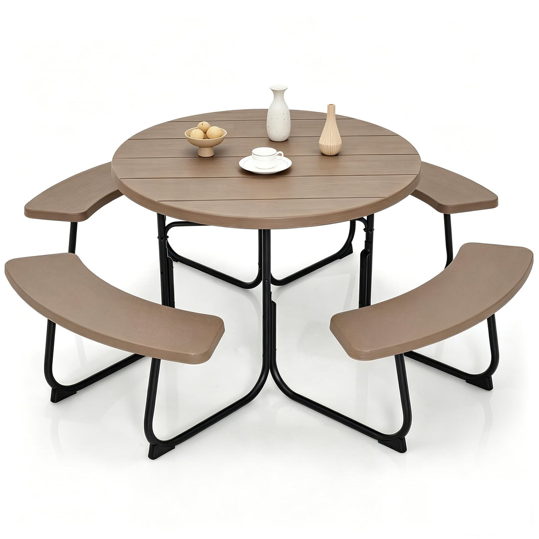 GYMAX Picnic Table Bench with Umbrella Hole 8 Person Round Outdoor Picnic Table