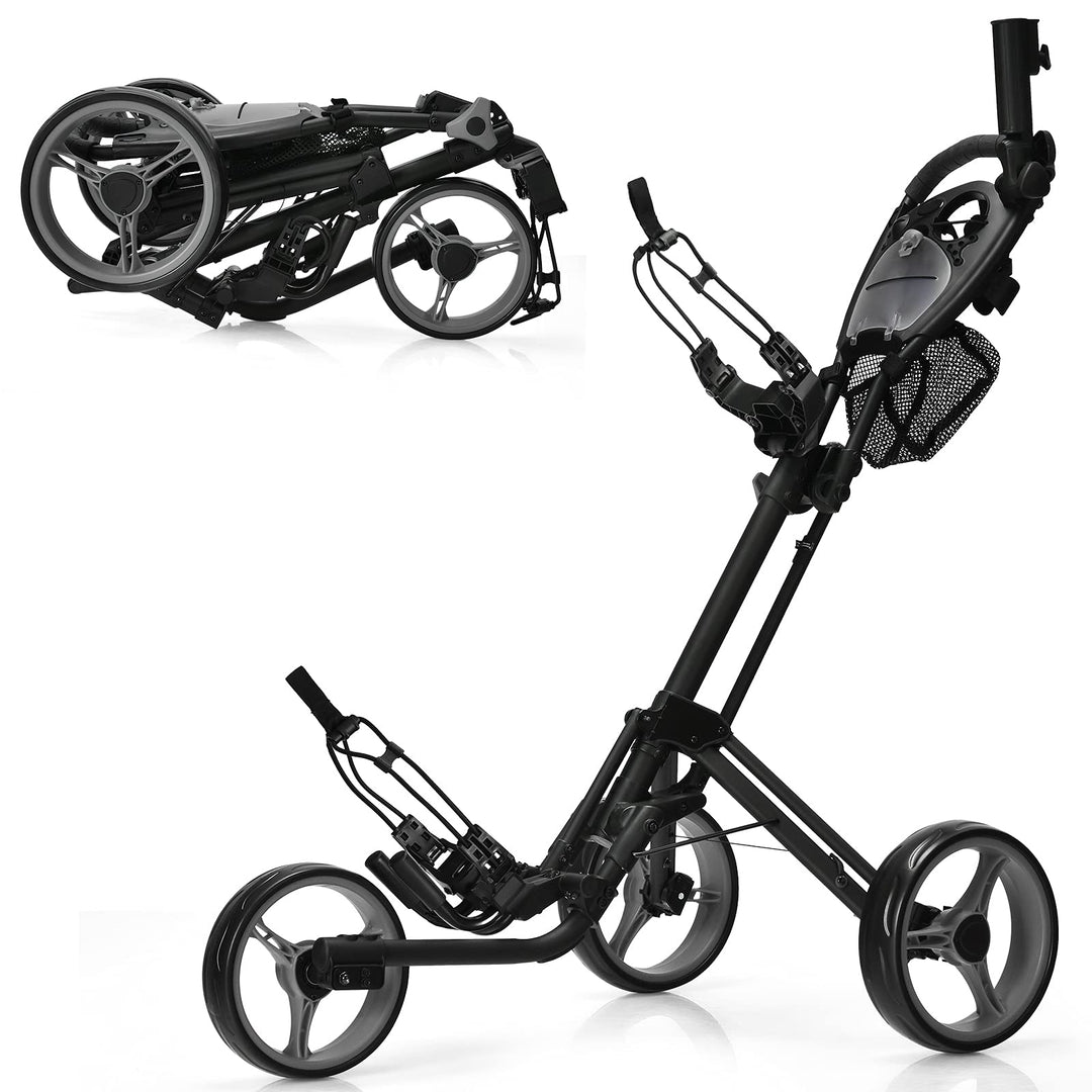 GYMAX Folding Push Cart, 3 Wheel Height Adjustable Lightweight Trolley W/Umbrella Holder & Mesh Bag