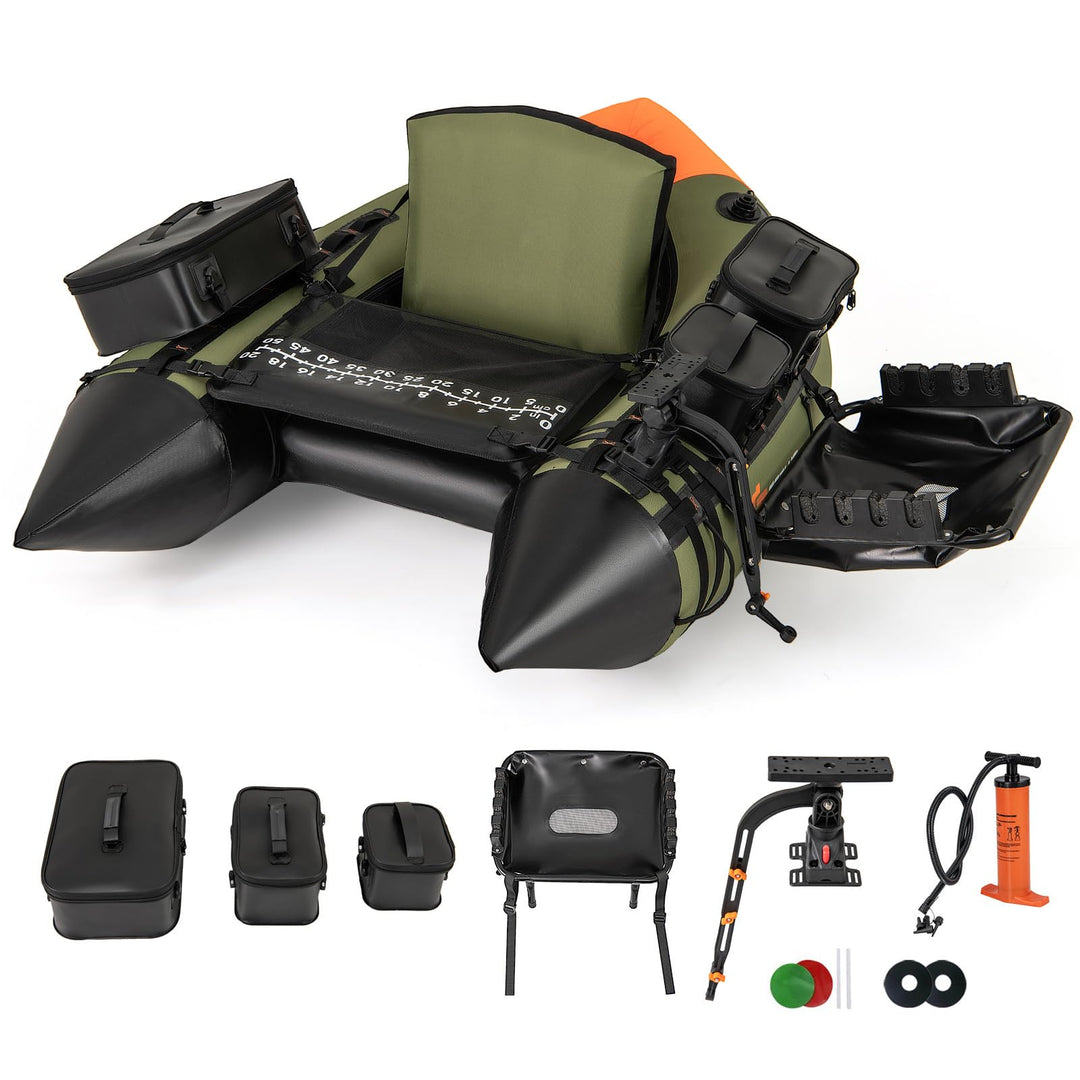 GYMAX Fishing Float Tube, Inflatable Belly Boat with Fish Finder Holder, Rod Rack, Fish Ruler