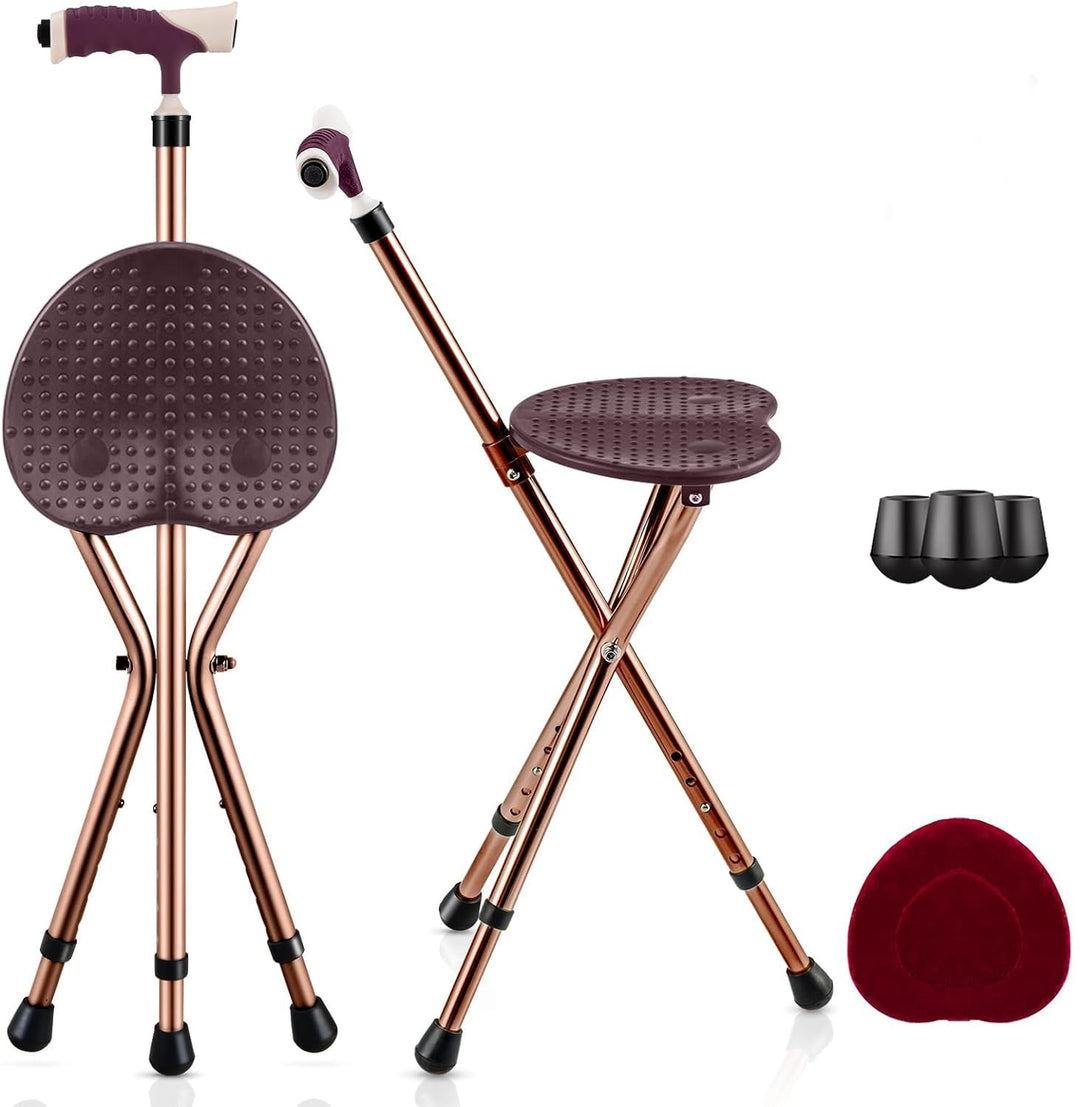 GYMAX Walking Stick Chair Combo, Folding Cane Seat with LED Light, Massage Seat Board & Ergonomic Handle