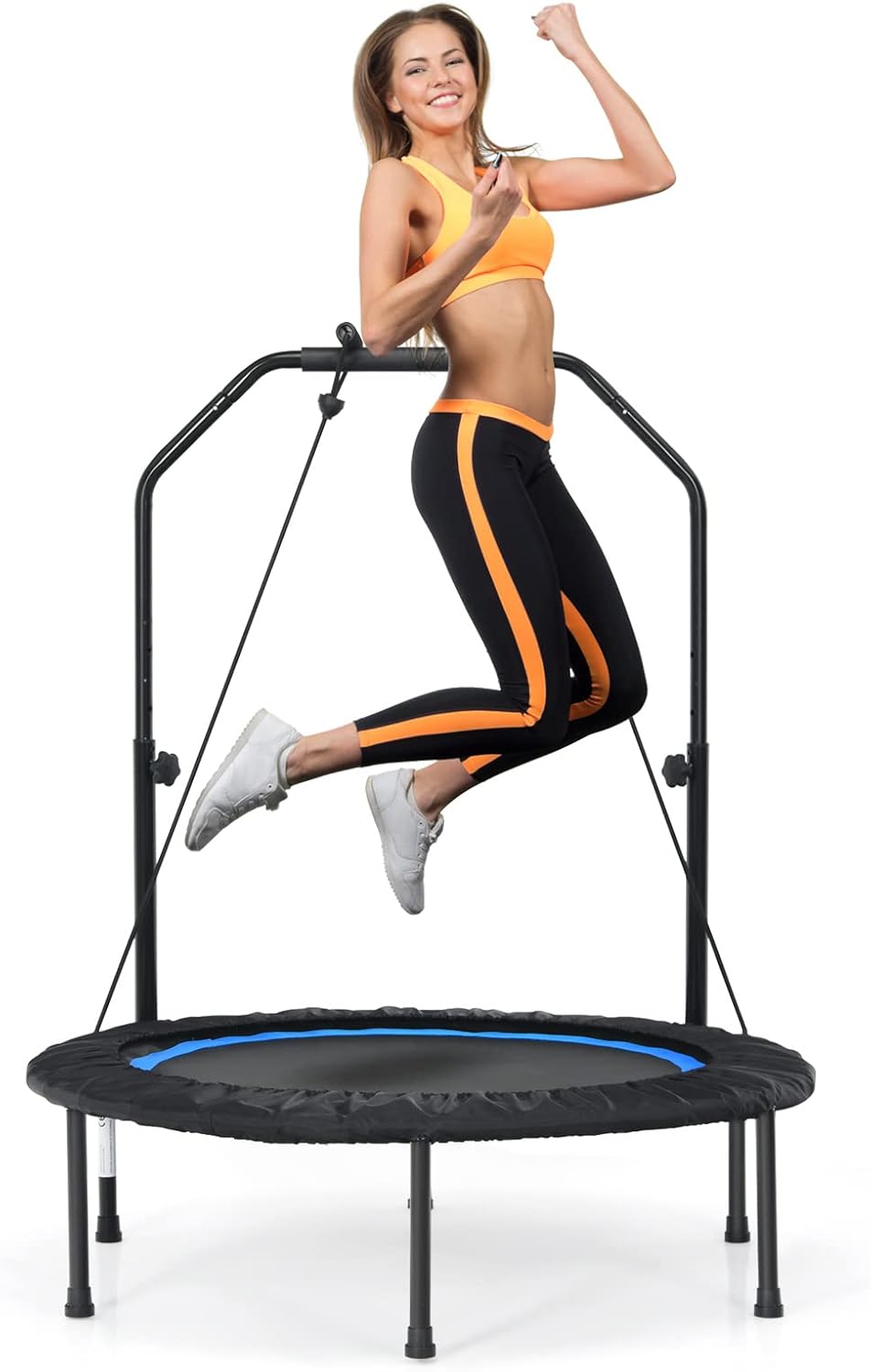 GYMAX Rebounder Trampoline for Adults, 40” Mini Exercise Trampoline with Height Adjustable Bar & Resistance Bands
