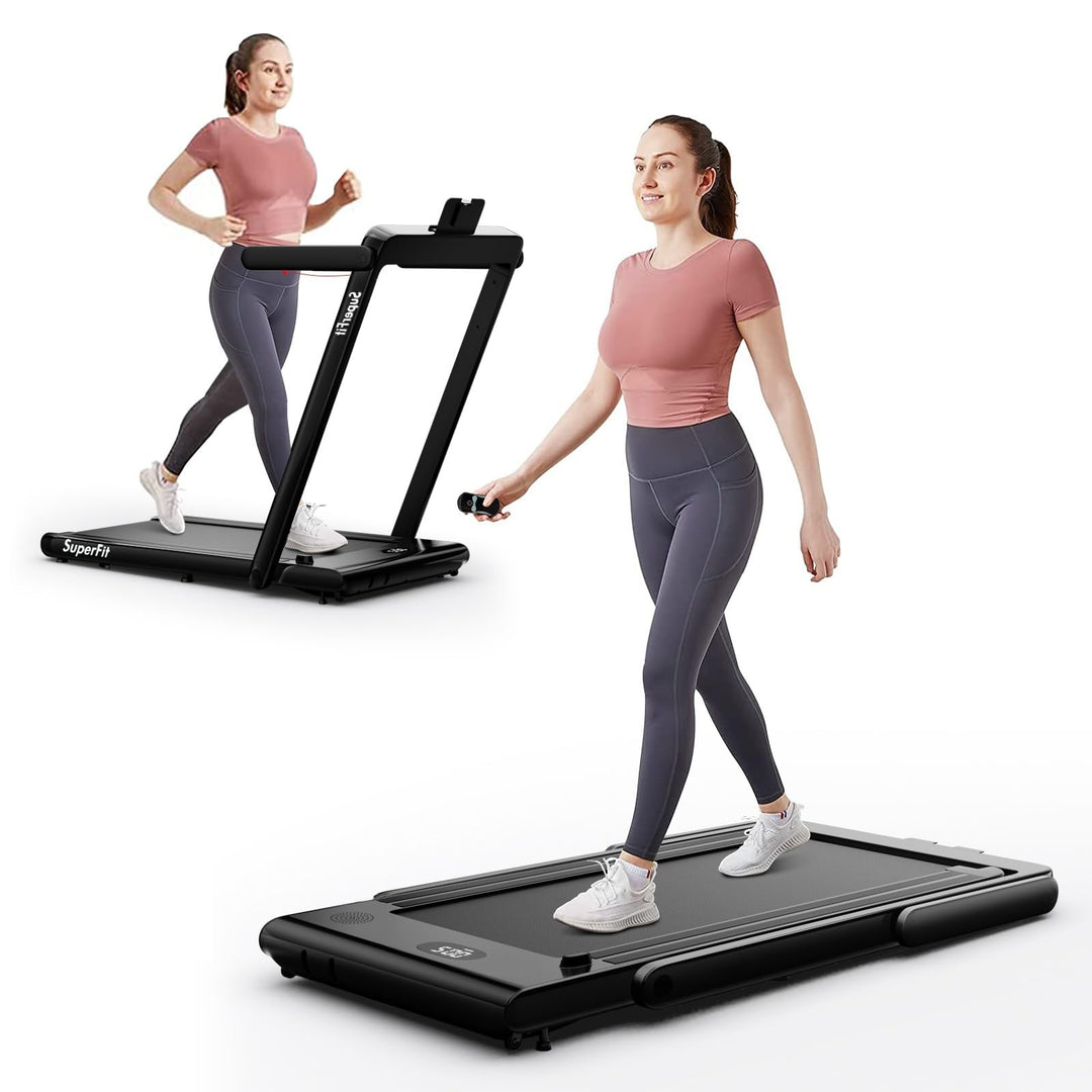 GYMAX Walking Pad, Dual LED Display Free Installation Running Machine w/Smart App/Remote Control & Bluetooth Speaker
