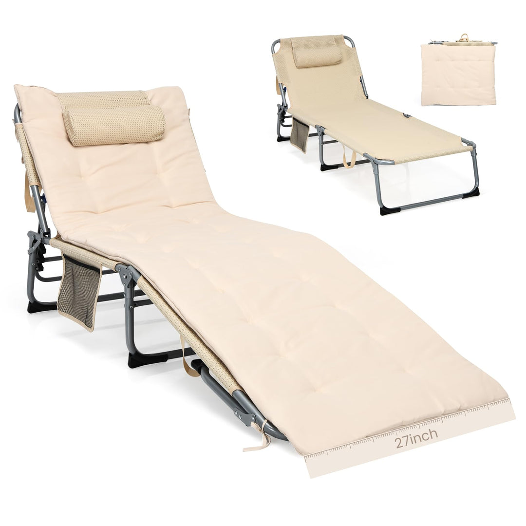 GYMAX Camping Cot, 27” Lounge Chair Outdoor w/Mattress, Headrest, Side Pocket & Carry Strap, 3 in 1 Folding Layout Tanning Lounger